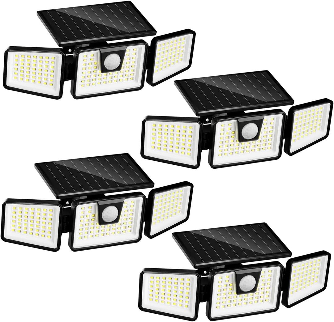 INCX Solar Motion Sensor Lights Outdoor, 3 Heads Security Lights Solar Powered, 156 LED Flood Light Motion Detected Spotlight for Patio Yard Garage Entryways, IP65 Waterproof 4 Pack (Black)
