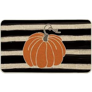 Floor Rug Watercolor Stripes Pumpkin Decorative Doormat Fall Seasonal Harvest Thanksgiving Vintage Rustic Low-Profile Yard Floor Mat Gift for Women Men 18x30 Inch