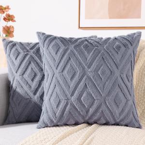 decorUhome Couch Throw Pillow Covers 18x18 Set of 2, Decorative Soft Plush Faux Wool Neutral Accent Pillow Covers for Bed Sofa Living Room, Blue Grey