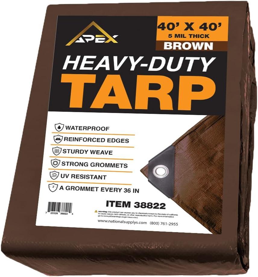 Heavy Duty Brown Tarp - 40ft x 40ft - 5 MIL Multipurpose UV Resistant, Waterproof Protective Tarp Cover with Metal Grommets and Reinforced Edges - for Roof, Camping, Patio, Boat, Car