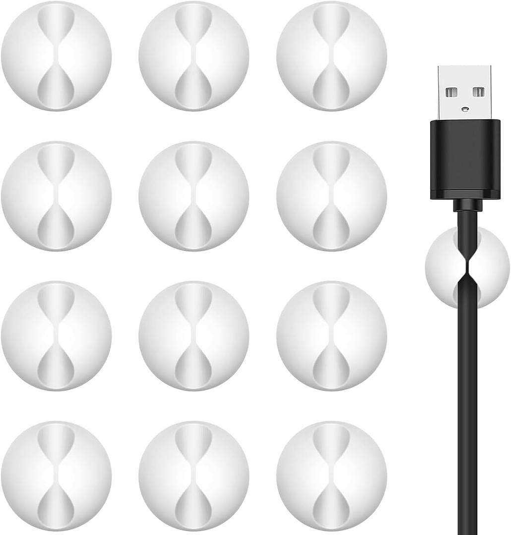 Cord Holder Cable Clips, 12PCS Self-Adhesive Wire Management Keeper Cord Organizer Charger Holder for Desktop USB Charging Cable Nightstand Power Cord Mouse Cable Wire PC Office Home (White)