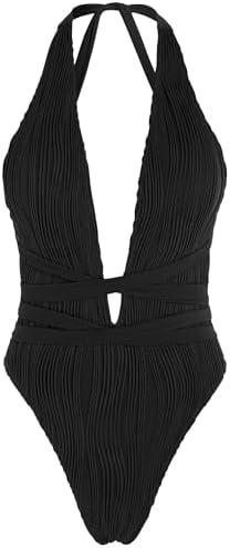 ZAFUL Women's One Piece Swimsuit Deep V Neck Ribbed Self Tie Sexy High Cut Bathing Suit Crisscross Back Swimwear, L