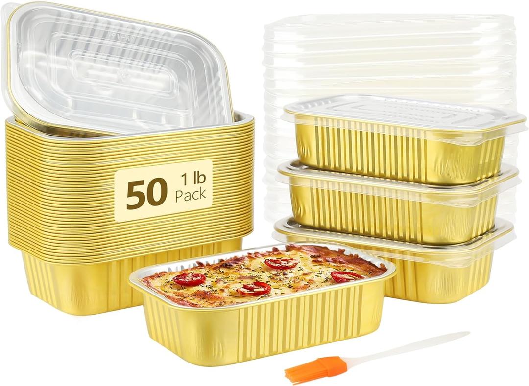 LNYZQUS 1lb Small Foil Pans With PP Lids 50 Pack, 16oz Heavy Duty Aluminum Leftover Containers Holders,Disposable Baking Tins To Go Containers For Cooking Heating Storing Meal Prep (1LB-50pack)