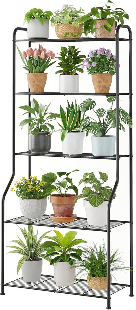 Kitsanery Plant Stand Indoor Outdoor for Multiple Plants, 5 Tier Tall Heavy Duty Metal Shelf, Large Flower Pot Holder Ladder for Garden, Patio, Living Room, Balcony, Black