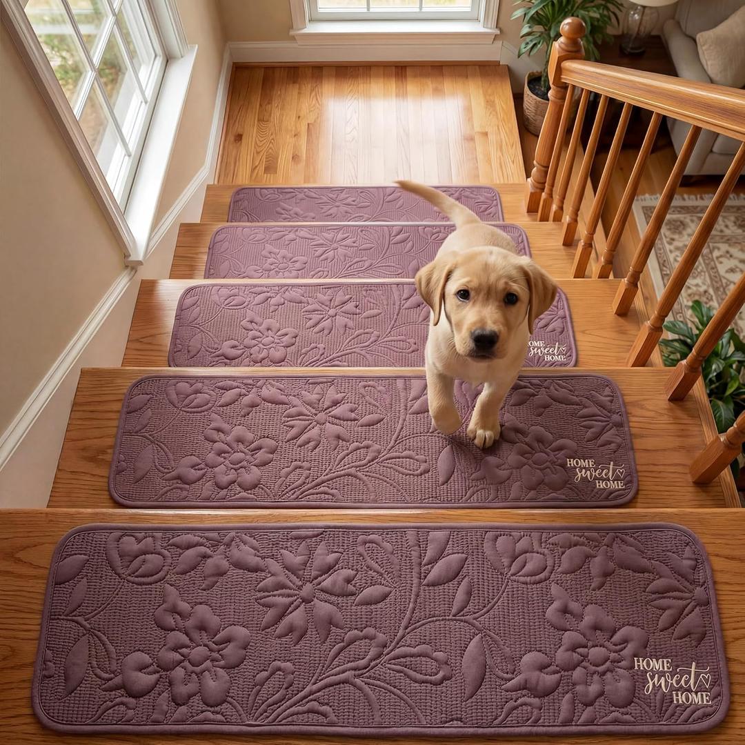Stair Treads for Wooden Steps Indoor, Rugs Runners for Kids and Pets, 8" X 30" (15Pack) Stair Carpet Treads with Reusable Non-Slip Silicone Particles Backing, Machine Washable, Dusty Rose