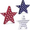 4th of July Wooden Star Signs Decorations, Memorial Day Decorations, Patriotic Decor, Rustic Star Shape Tiered Tray, Red Blue White Wood Star Blocks Retro, Freestanding Table Signs, 3Pcs