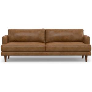 SIMPLIHOME Livingston Sofa - 90 inch Wide Top Grain Genuine Leather Sofa in Caramel Brown, Mid-Century Modern 3-Seater Couch for Living Room with Feather-Wrapped Cushions and Solid Wood Frame
