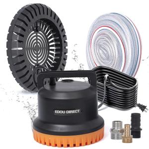 EDOU Pool Cover Pump - 850 GPH Flow Rate Dual Usage Submersible & Pool Pump - Ideal for Water Draining Above Ground Pools - Includes Hose & 2 Adapters, 25ft Power Cord, Black & Orange