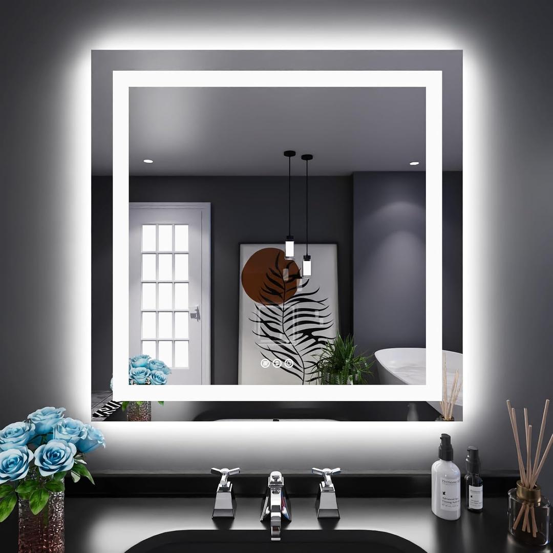 LOAAO 32"X32" LED Bathroom Mirror with Lights, Anti-Fog, Dimmable, Backlit + Front Lit, Lighted Bathroom Vanity Mirror for Wall, Memory Function, Tempered Glass, Shatter-Proof, ETL Listed