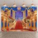 7x5ft Fabric Love Day Wedding Hall Backdrop Glitter Golden Staircase Floral Rose Curtain Photography Background Romantic Party Decorations Photo Booth Banner