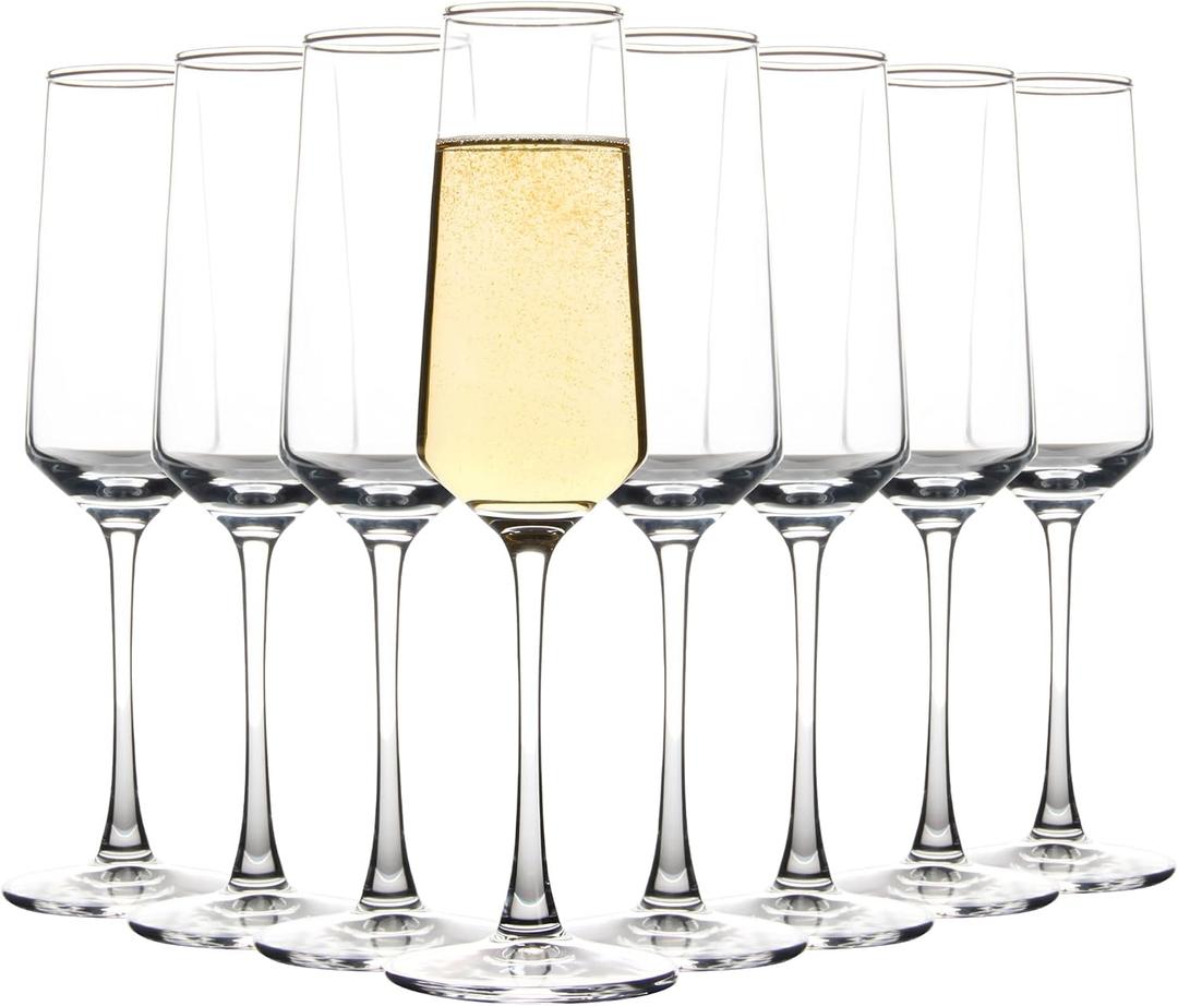 Champagne Glasses Set of 8, Elegant Champagne Flutes, Modern Sparkling Wine Glasses for Home Bar, Wedding, Anniversary, 8 oz, Clear