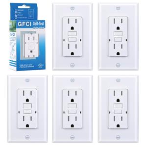 15 Amp GFCI Outlet, Tamper-Resistant GFI Receptacle with LED Indicator, Self-Test Ground Fault Circuit Interrupter, Decorator Wall Plates and Screws Included, UL Listed, White5 Pack