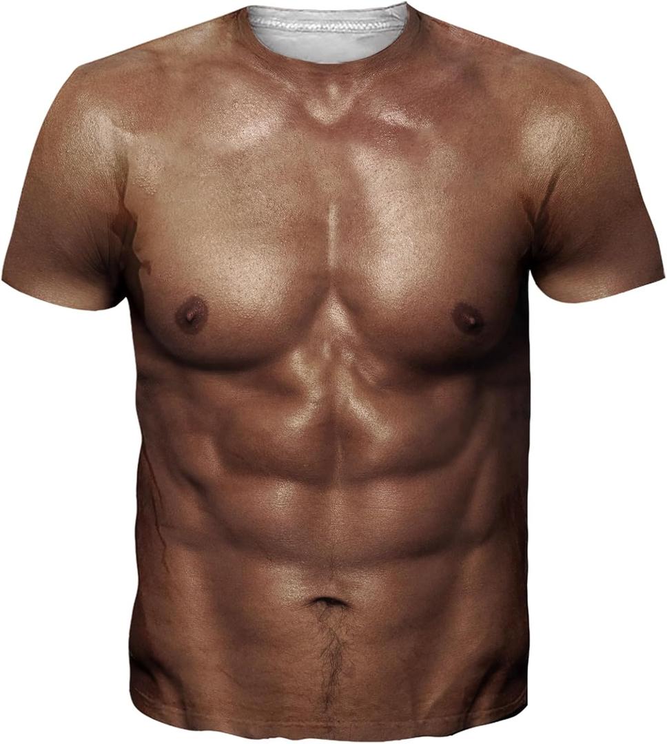 Goodstoworld Unisex 3D Fake Abs T Shirts Shredded Chest Printed Short Sleeve Costume Novelty Tees Shirt
