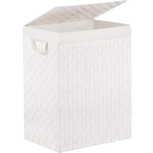YOUDENOVA Handwoven Laundry Basket Hamper with Removable Bag and Lid, Collapsible Clothes Hamper with Handle, White, 90L