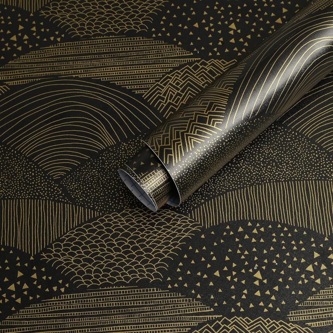 Peel and Stick Wallpaper Dot/Line Contact Paper Black and Gold Wallpaper 17.3''x118'' Removable Self-Adhesive Wall Paper Room Decor Wall Covering Vinyl Rolls