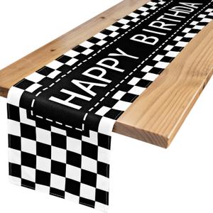 Happy Birthday Table Runner Black and White Checkerboard Birthday Party Decorations Racing Theme Party Sign, 72 Inches