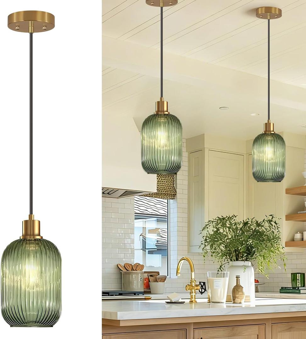 2 Pack Pendant Lights with Vintage Green Ribbed Glass Lampshade, Adjustable Brushed Gold Pendant Lights Fixtures for Kitchen Island Lighting Sink, Dining & Living Room Hallway (Bulbs Not Included)