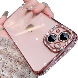 Clear Glitter Case for iPhone 15 Plus, Luxury Bling Sparkly Diamond Rhinestone with Camera Protector Soft TPU Plating Bumper Slim Transparent Women Girls Case for iPhone 15 Plus 6.7" (Pink)