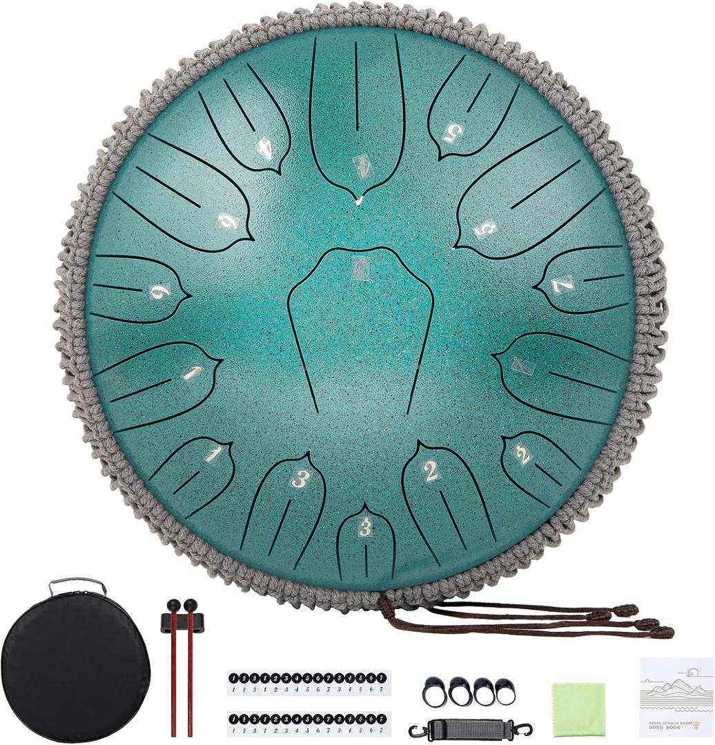 Steel Tongue Drum 12 Inch 15 Notes: Handpan Drums Set with Music Book Mallets Carry Bag - Hand Pan Instrument for Adults Musical Education Meditation Yoga Chakra (Green)