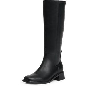 Modatope Knee High Boots for Women Low Heel Square Toe Side Zipper Fall Long Tall Boots Women Faux Leather Elastic Boots (8.5, Black Pu)
