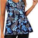 Yonique Two Piece Tankini Swimsuits for Women with Shorts Halter V Neck Bathing Suits Flowy Twist Front Swimwear (18 W, Blue Flower)