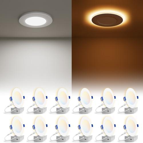 VOLISUN 12 Pack 3 Inch 5CCT Recessed Light with Night Light, Canless LED Recessed Lighting 3 inch, 2700K-5000K Selectable, 500LM Dimmable Recessed Ceiling Wafer Light, ETL Certificated