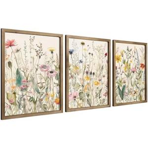 pechpell 2 Piece 15.7x11.8in Framed Floral Wall Art, Wooden Colorful Wild Flower Prints Picture Wall Decor, Wildflower Nursery Living Room Bedroom Rustic Decorations For Home