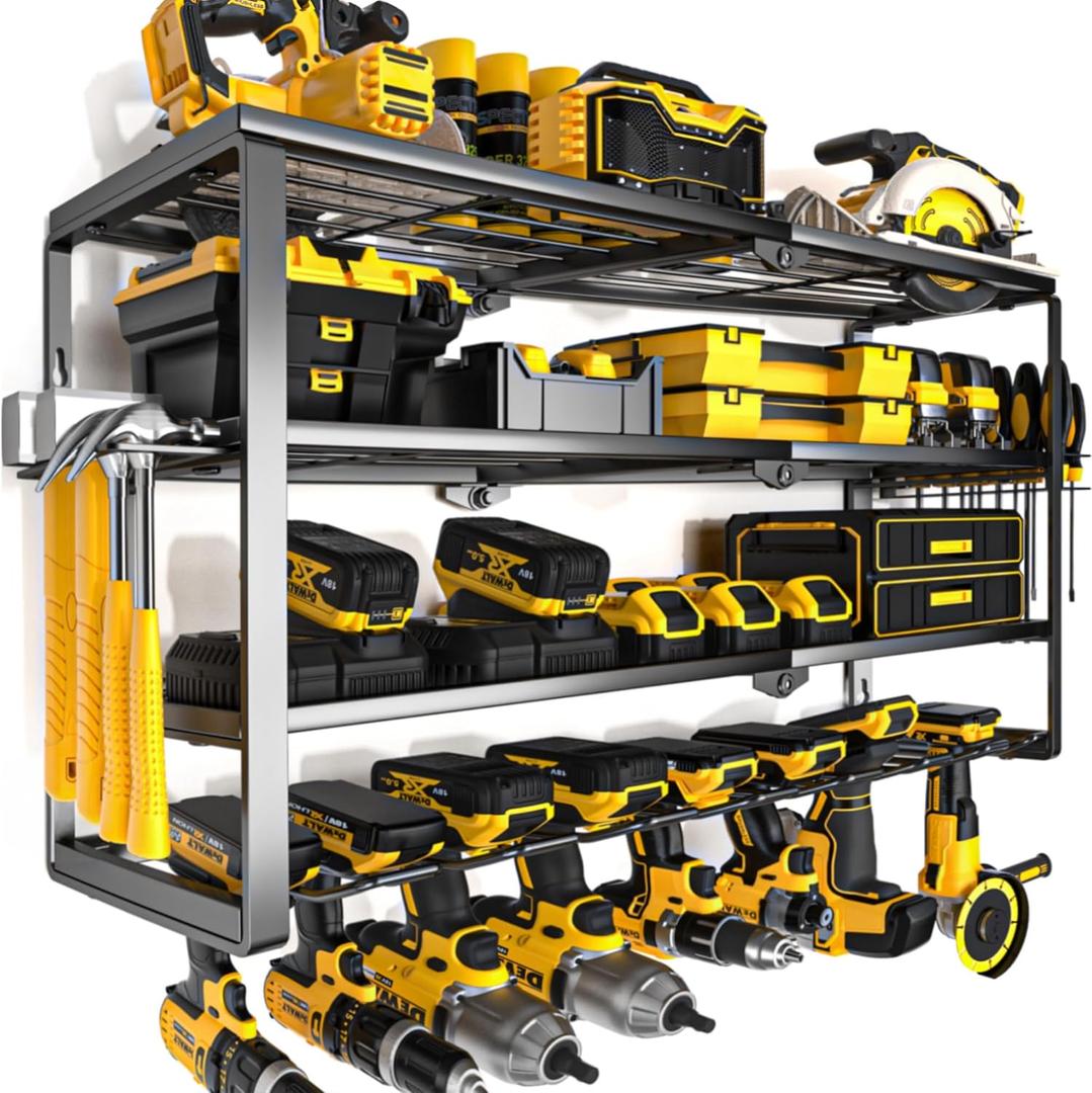 YYR 4 Layer Power Tool Organizer Wall Mount, Cordless Drill Hanger Storage Rack, Battery Tools Holder with Charging Station Shelf for Garage Organization, Workshop, Pegboard, Shed - 32 Inch 8 Slots