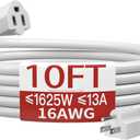 16/3 Short Extension Cord 10 FT, White Extension Cord Flexible & Durable, Indoor 3 Prong Power Cable, Suitable for Home and Office, 13 Amp 1625 Watt 125VAC 16AWG, ETL Listed