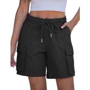 luvamia Hiking Shorts for Women High Waisted Pull On Cargo Casual Golf Water Resistant 7 Inch Inseam Mid Thigh Shorts (Black, XXL)