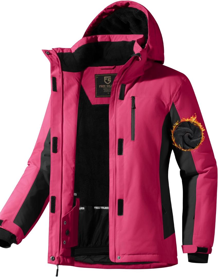 FREE SOLDIER Women's Waterproof Ski Snow Jacket Fleece Lined Warm Winter Rain Jacket with Hood Fully Taped Seams (Large)