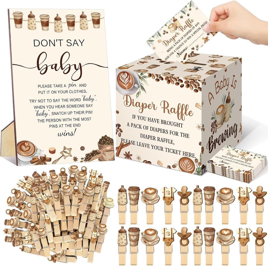 Dispowreath 102 Pcs Coffee Baby Shower Game Supplies Diaper Raffle Tickets with Diaper Raffle Card Box Don't Say Sign Mini A Baby Is Brewing Clothespin Game Decor for Gender Reveal Favor