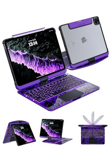 Keyboard Case for iPad Air 11-inch & 10.9-inch (Air 5th/4th Gen) and iPad Pro 11-inch (1st–4th Gen), 360° Rotating Clear Case with Trackpad, 7-Color Backlit, LCD Power Display, Pencil Holder, Purple
