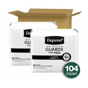 Depend Guards Incontinence Pads for Men, Maximum Absorbency, 104 Count (2 Packs of 52), 