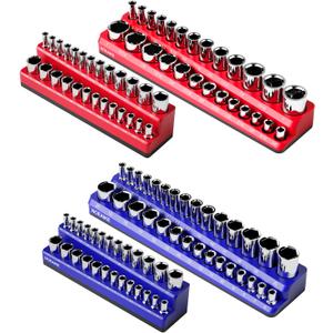 Magnetic Socket Organizer, 4-Pack Metric SAE Holder Set 1/4", 3/8" Drive Socket Trays, Holds 108 Pcs Standard and Deep Size Sockets(Socket not Included)