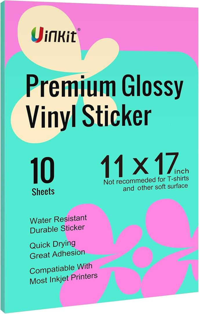 Uinkit Premium Vinyl Sticker for Inkjet Printer 11x17 inch Glossy White Sticker Paper 10Sheets Waterproof Label Vivid Color,Tear-Resistant, Removable