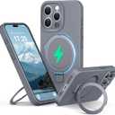 Liquid Silicone Case for iPhone 15 pro MAX with Magnetic Ring Stand, Upgraded Camera Lens Protection, Mil-Grade Drop Shockproof, Anti-Scratch Microfiber Lining Silicone Case (Gray)