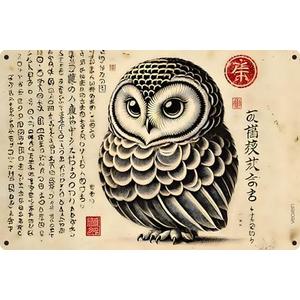 Vintage Japanese Owl Metal Sign - 12"x8" Traditional Ink Art Style Aluminium Wall Décor, Japanese Calligraphy - Rustic Home, Office, Zen Space, or Café Decoration, Art Gift (S-012) 2 PACK