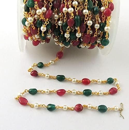 5 Feet Pearl and Assorted Aventurine Gold Wire Wrapped Rosary Beaded Chain- Green and Red Aventurine Rosary Chain