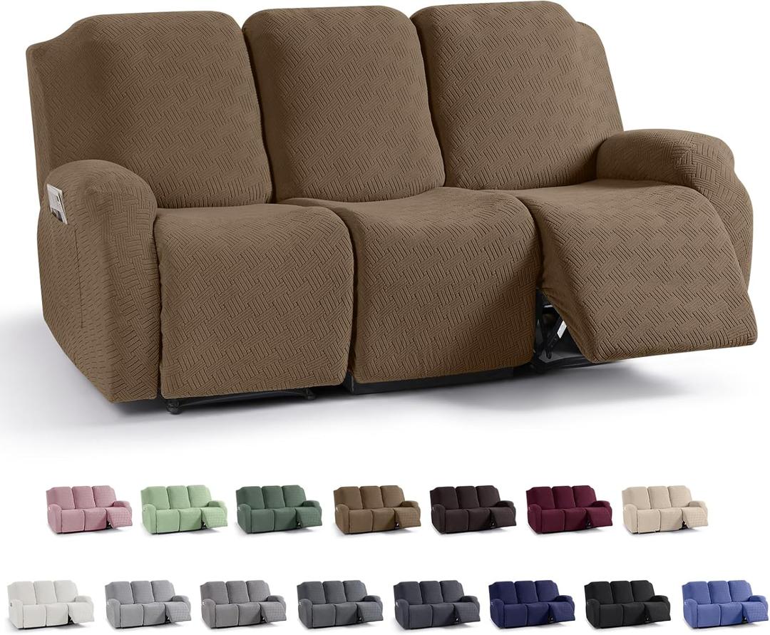 KinCam Recliner Covers, Stretch Reclining Chair Covers, Recliner Sofa Slipcovers Stripe Jacquard Recliner Couch Covers Furniture Protector Covers for Pet Kid (3 Seater, Brown)