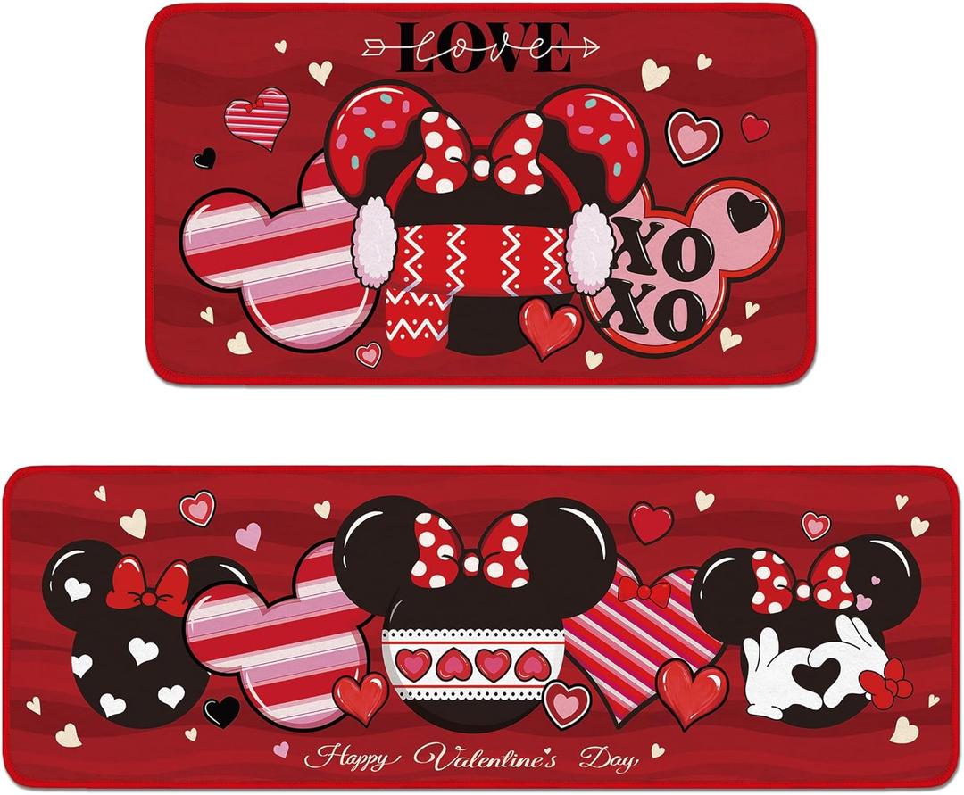 HemerVows Valentines Kitchen Rug Set, 2 Pcs Cute Love Heart Runner Rugs for Valentine's Day Home Decor, Kitchen Floor Mats Housewarming Gifts, with 12 Pcs Corner Grippers (16" x 47")