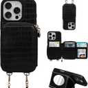 Crossbody Mirror Case Wallet for iPhone 16 Pro with Strap, RFID Blocking Card Holder, Zippered Purse Phone Cover for Women - 6.3", (Black)