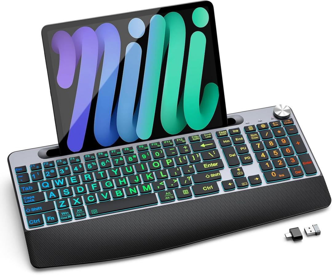 GAMCATZ Large Print Backlit Wireless Keyboard with Wrist Rest-Low-Profile,Phone/Tablet Holder,Rechargeable with Light Up Keyboard,Ergonomic Quiet Computer Keyboard for Desktop,Laptop, PC, Mac-Grey (2-Grey Black)