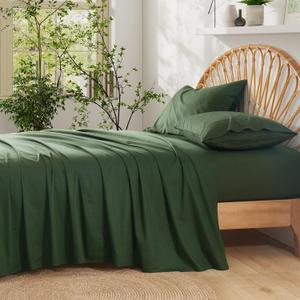 Entisn Pure Cotton Sheets Queen Size Bed Set 4 Pieces, 400 Thread Count Cotton Sheet Set with All Around Elastic for Snug Fit, All Seasons Breathable & Soft Bedding, 16 Inch Deep Pocket, Olive Green