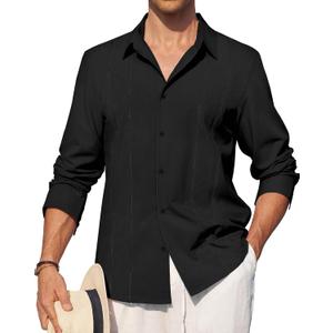 Alimens & Gentle Mens Cuban Guayabera Shirt Button Down Long Sleeve Summer Beach (Small, 02-black)