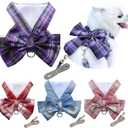 Plaid Dog Dress Bow Tie Harness Leash Set,Dog Clothes Harness Dress with Leash Ring for Small Dogs Girl, Puppy Princess Rabbit Clothes Chihuahua Yorkies Pet Outfits (Purple, Medium)