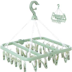 Clothes Drying Rack with 32 Clips, Foldable Hanging Rack, 360 Rotatable Hook for Drying Socks Baby Clothes Towels Gloves(Light Green)