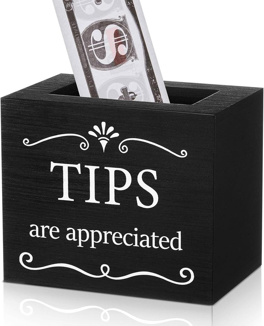 Vesici Wooden Tips Jar Tip Collection 6 x 4 x 5 Inch Donation Bucket Money Coin Storage Container Suggestion Box Raffle Cash Box for Bartender Restaurants Bars Musicians Driver (Black)