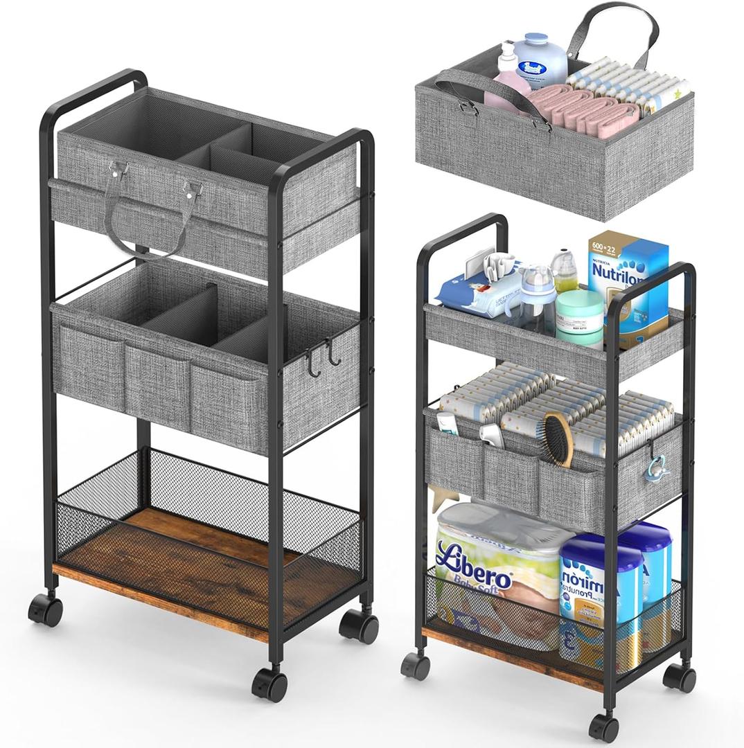 LIDTOP 2In1 Baby Diaper Caddy & 3-Tier Rolling Diaper Cart, Diaper Caddy Organizer Cart with Dividers, Mobile Metal Utility Cart for Nursery Essentials, Detachable Bedside Cart, Large Capacity