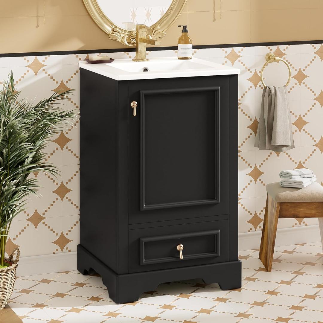 Merax 20 inch Bathroom Vanity with Ceramic Sink, Modern Bathroom Sink Storage Cabinet with Soft Close Door, Adjustable U-Shaped Shelf and Drawer, Small Single Sink Bathroom Vanities, Black